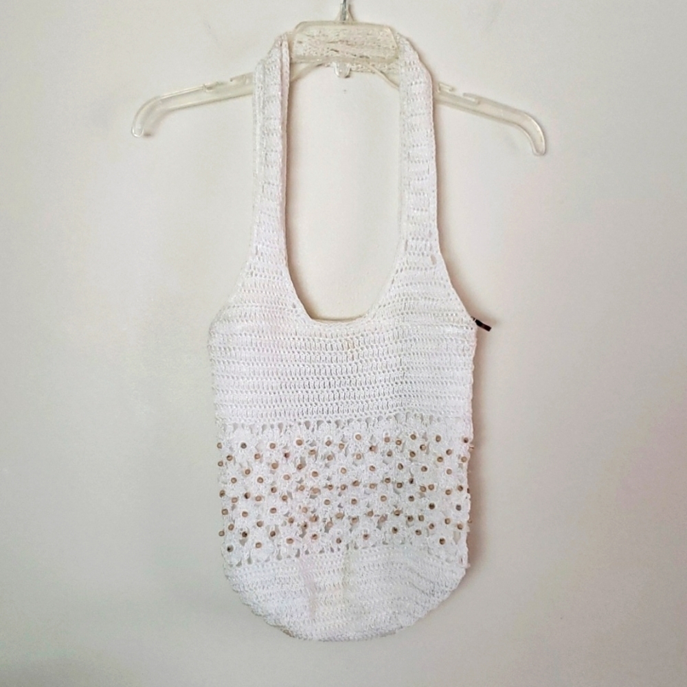 White crochet knit double strap beach bag with wooden beads, vacation bag